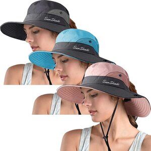 Women Black Pack Of 3 Wide Brim Mesh Ponytail With Chin Strap Classic Cowboy Hat